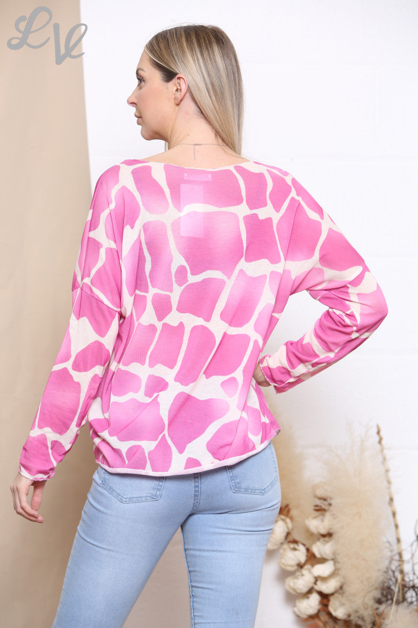 Dames Girafprint Fijngebreide Trui Top Cerise