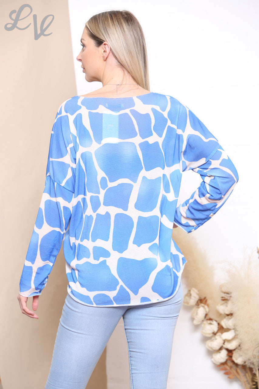 Ladies Giraffe Print Fine Knit Jumper Top Royal Blue