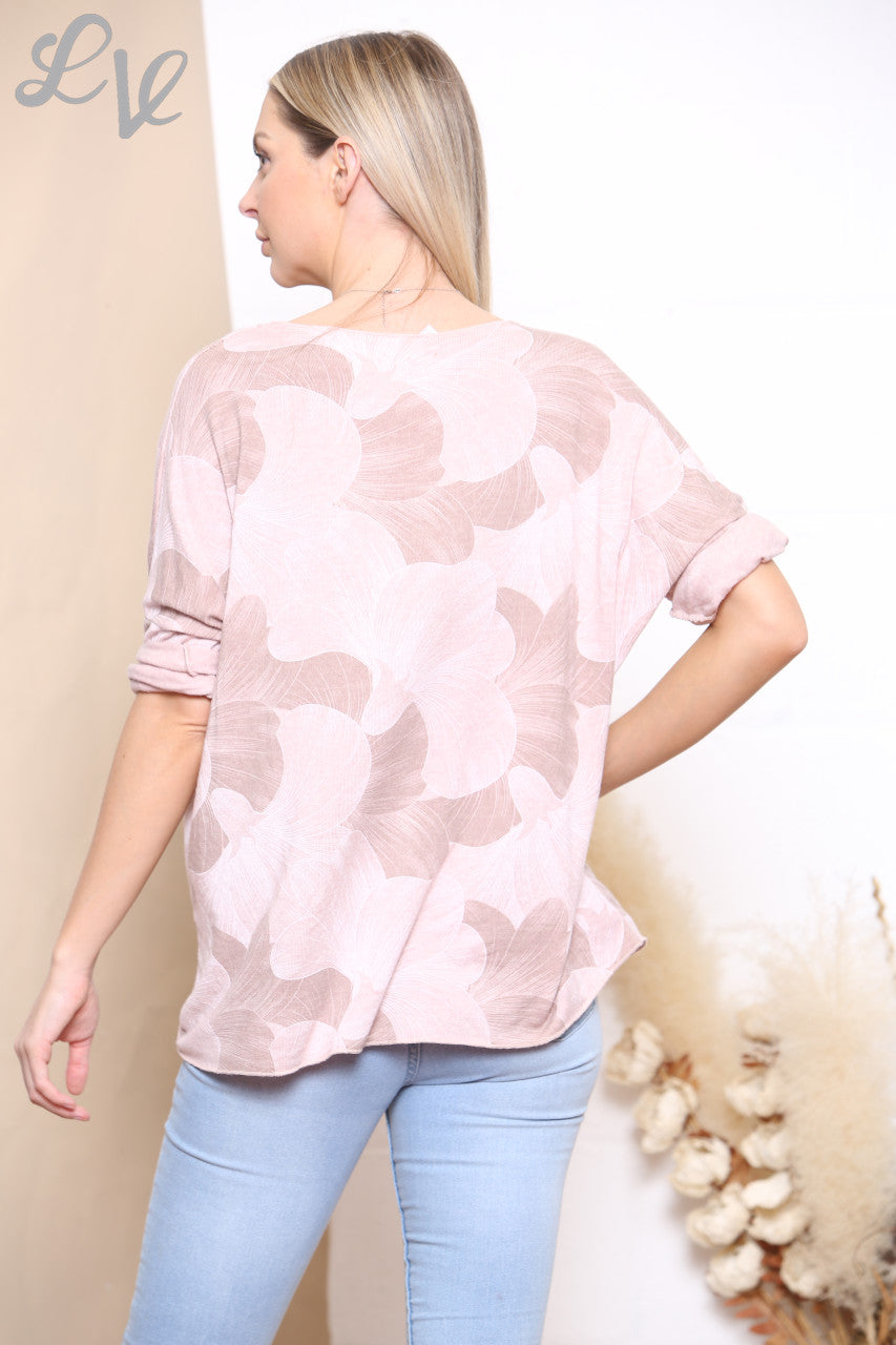 Dames Trui met Bloemenprint en Fijne Brei Dusty Roze