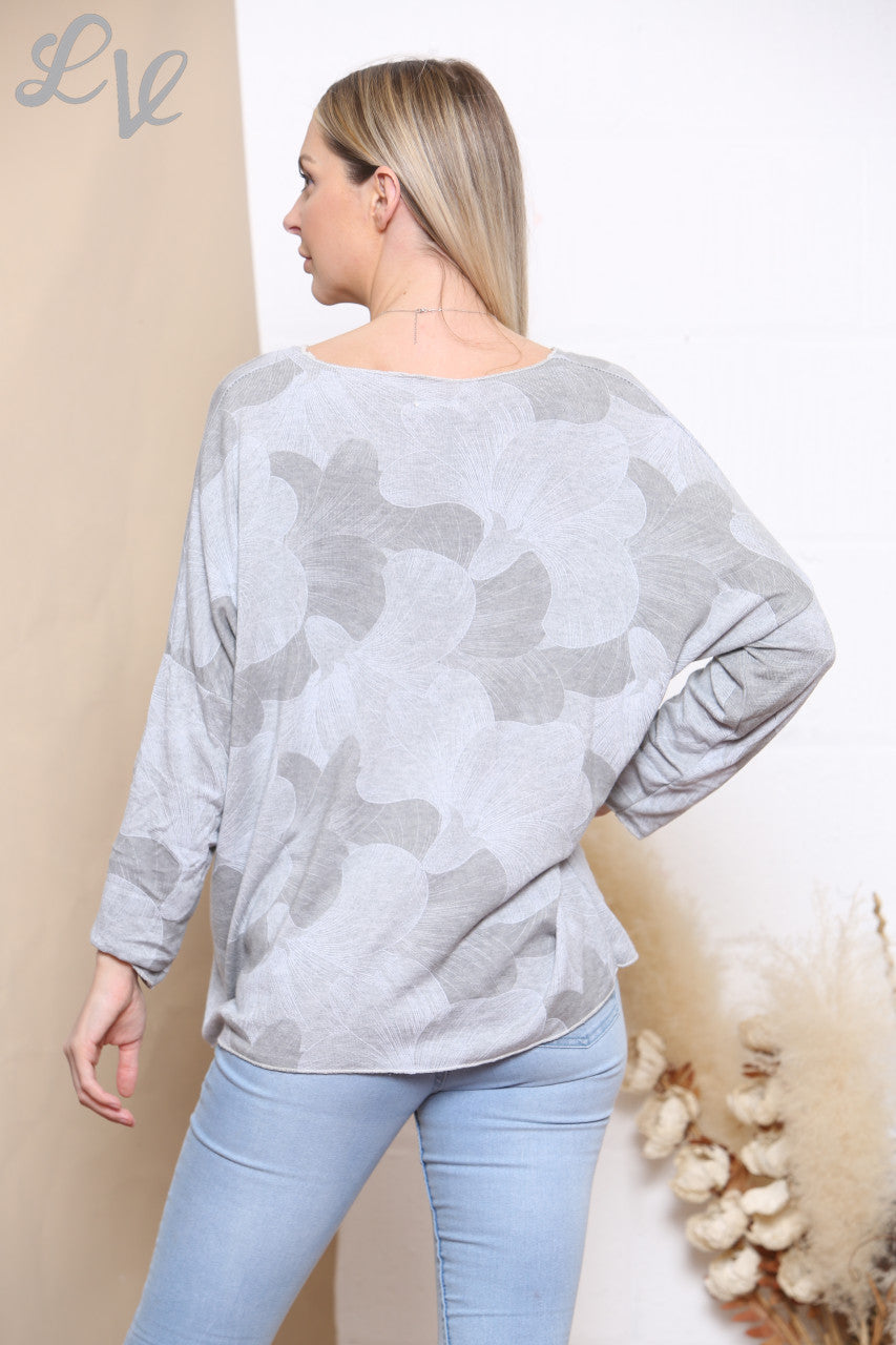 Ladies Flower Petal Print Fine Knit Jumper Top Grey
