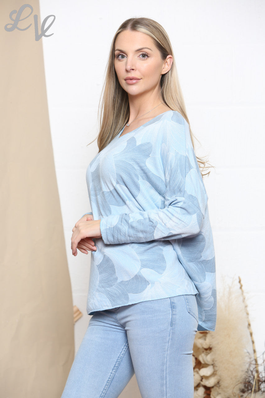 Ladies Flower Petal Print Fine Knit Jumper Top Sky Blue