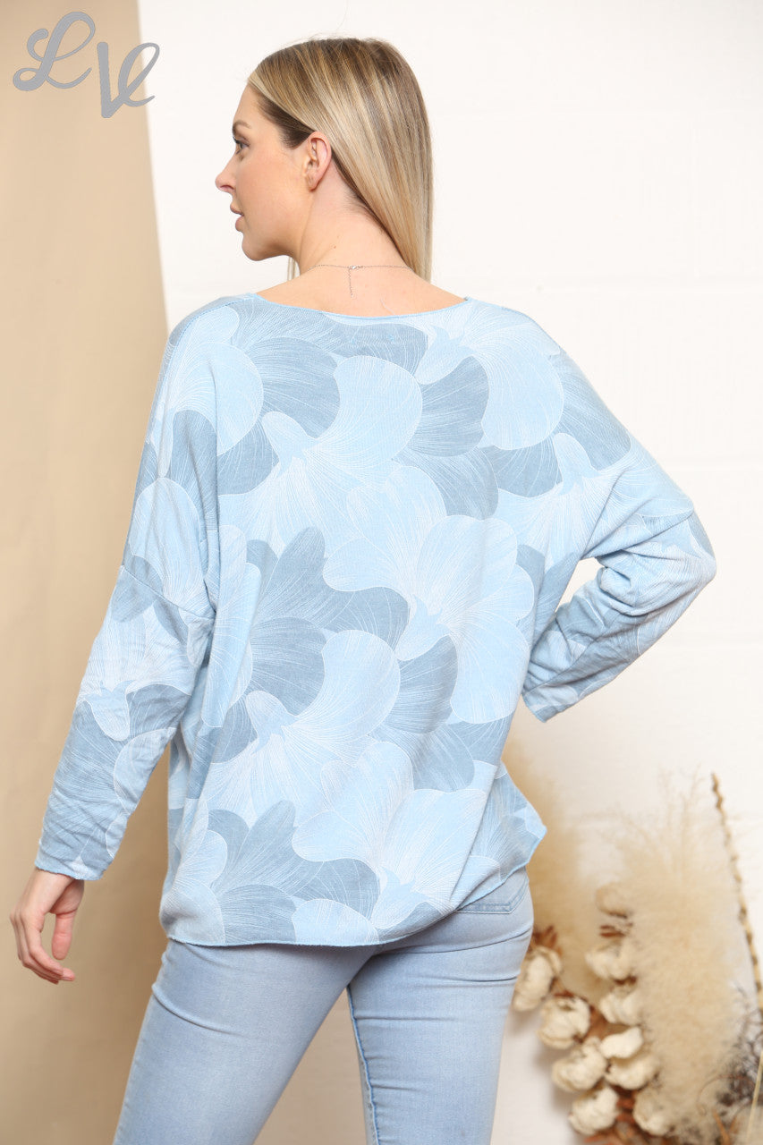 Ladies Flower Petal Print Fine Knit Jumper Top Sky Blue