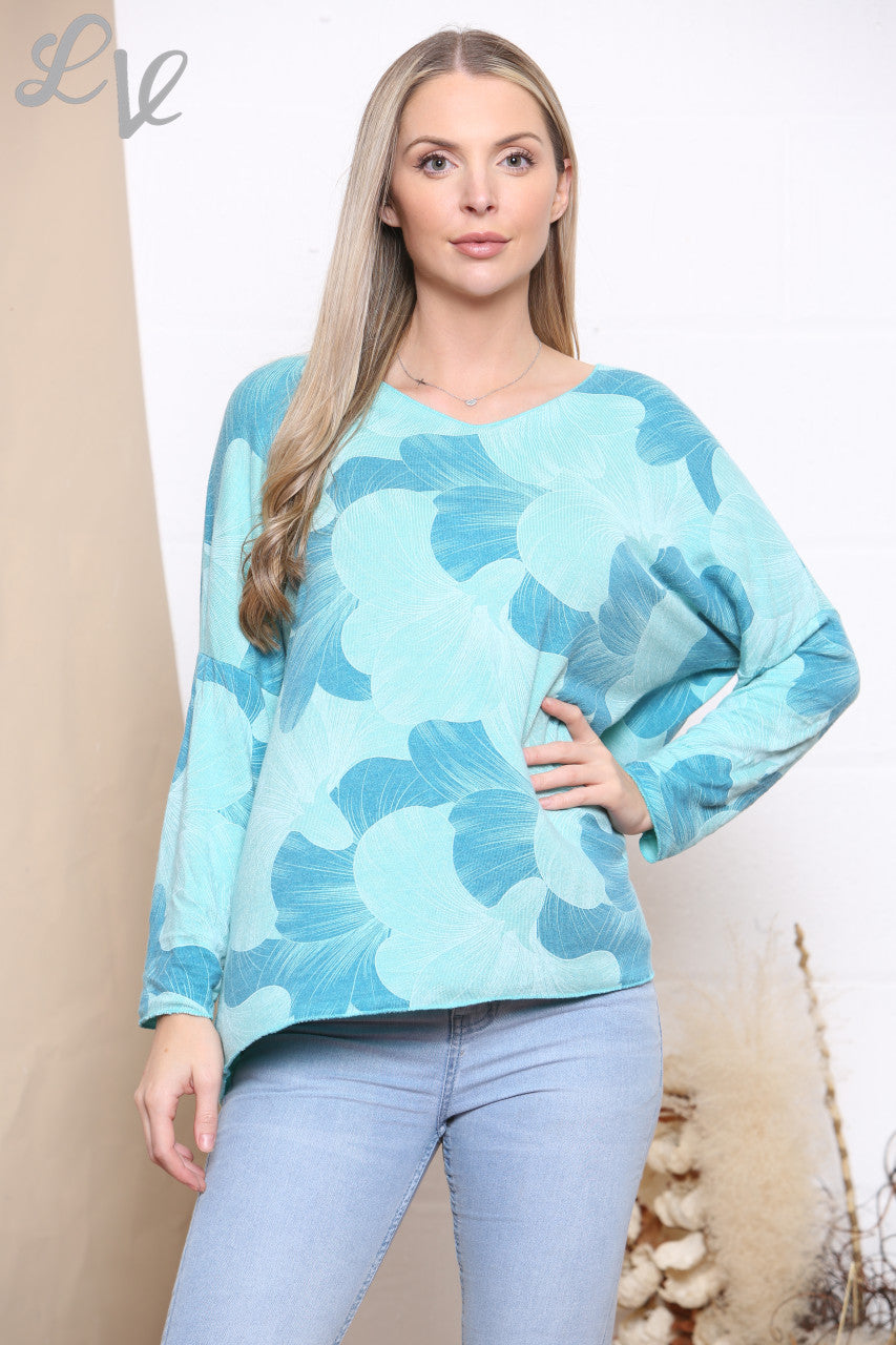 Ladies Flower Petal Print Fine Knit Jumper Top Turquoise