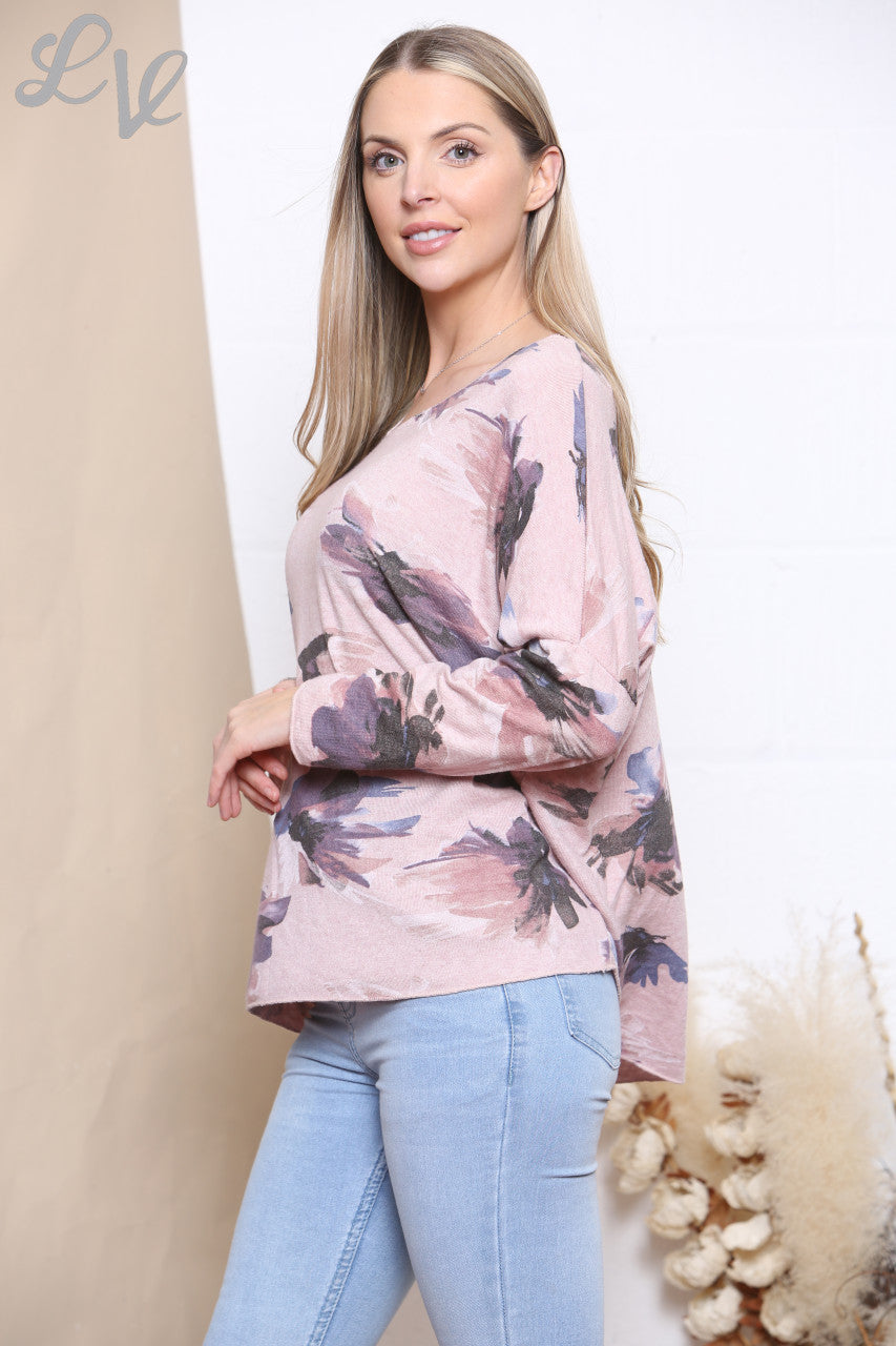Dames Fijne Gebreide Trui met Bloemenprint in Waterverf Dusty Roze