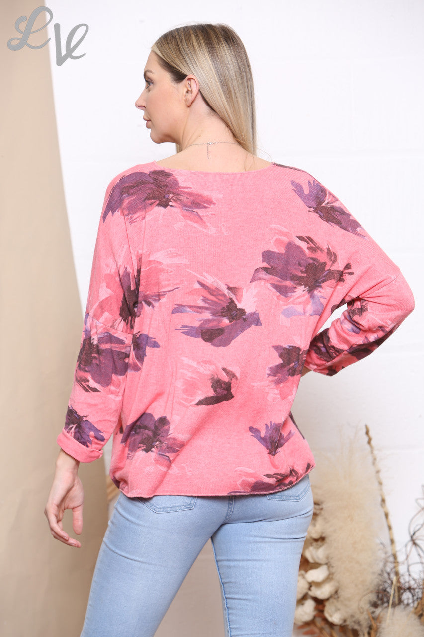 Dames Watercolour Bloemenprint Fijne Gebreide Trui Top Koraal
