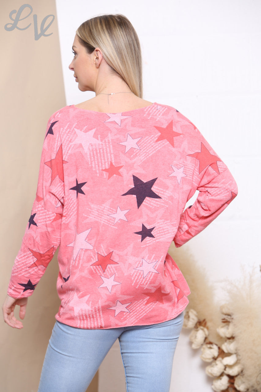 Ladies Star Print Fine Knit Jumper Top Coral