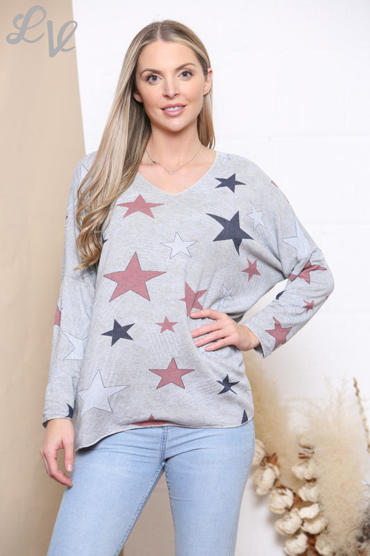 Ladies Star Print Fine Knit Jumper Top Grey