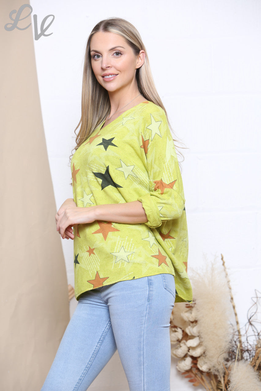 Ladies Star Print Fine Knit Jumper Top Lime
