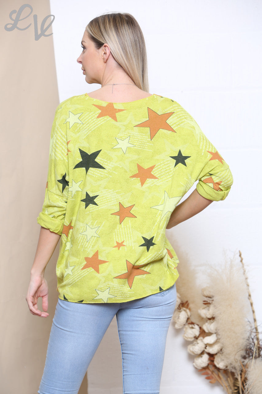 Ladies Star Print Fine Knit Jumper Top Lime