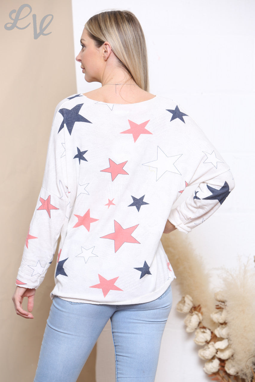 Ladies Star Print Fine Knit Jumper Top White