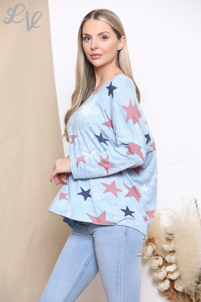 Ladies Star Print Fine Knit Jumper Top Light Blue