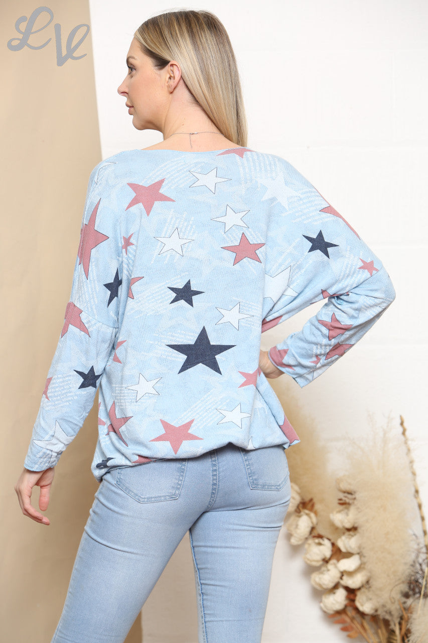Ladies Star Print Fine Knit Jumper Top Light Blue