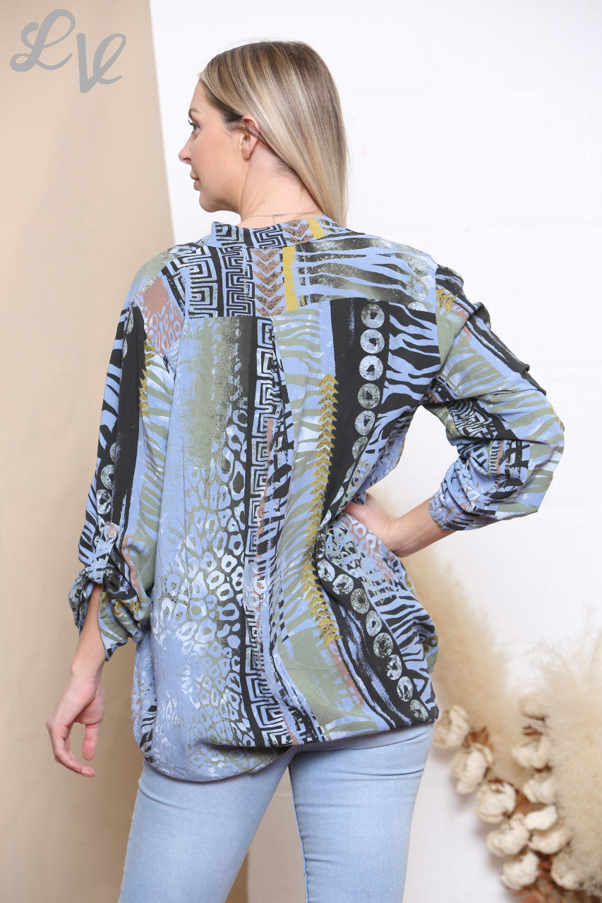 Ladies Mixed Print Shirt Top Denim
