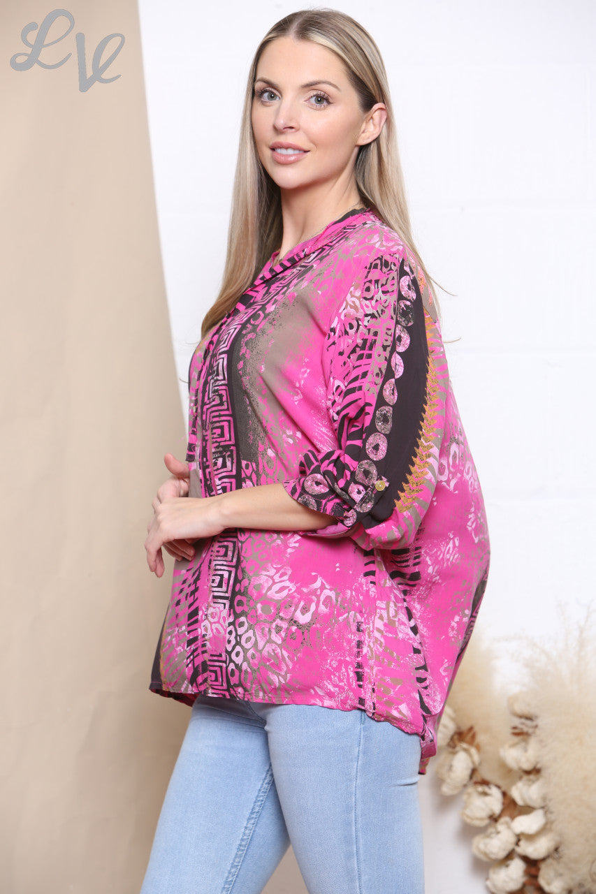 Ladies Mixed Print Shirt Top Cerise