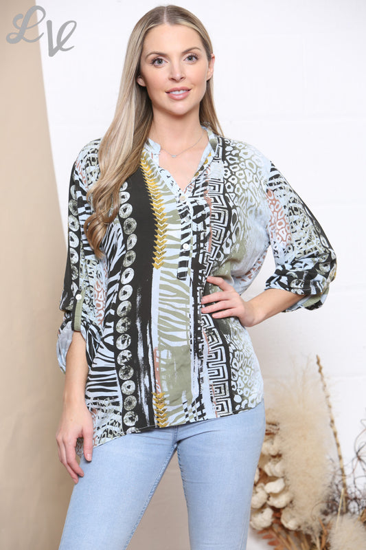 Ladies Mixed Print Shirt Top Grey