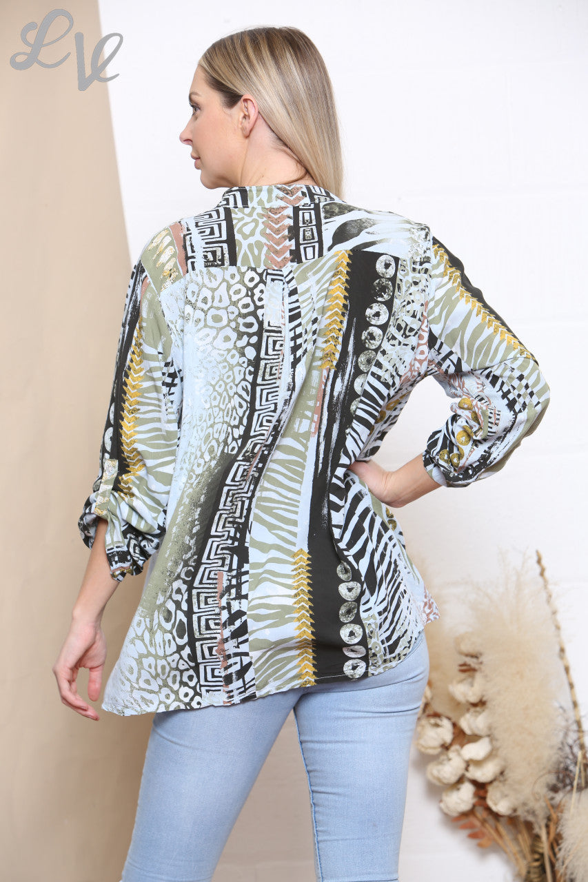 Ladies Mixed Print Shirt Top Grey