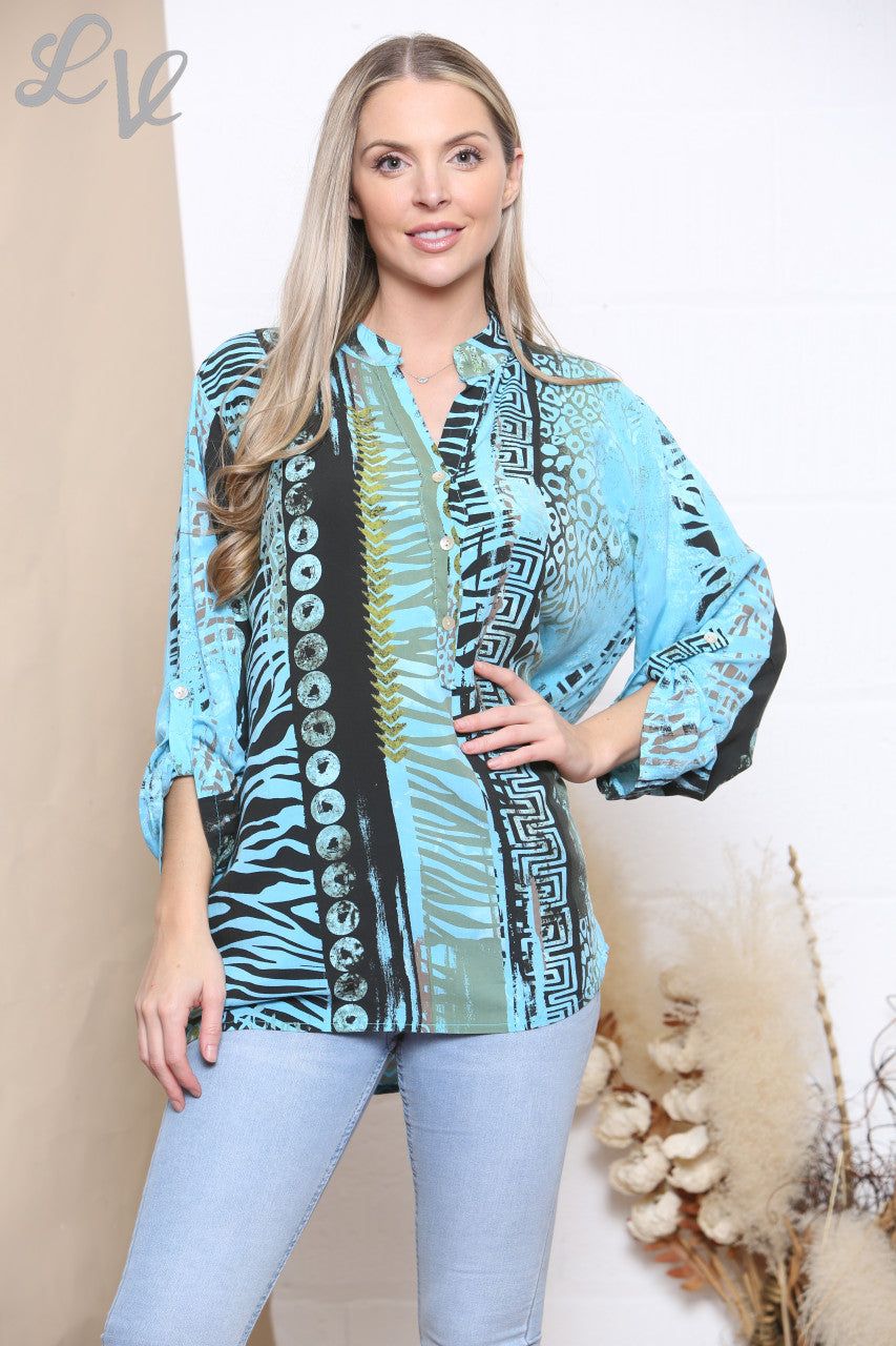 Dames T-shirt met gemixte print turkoois