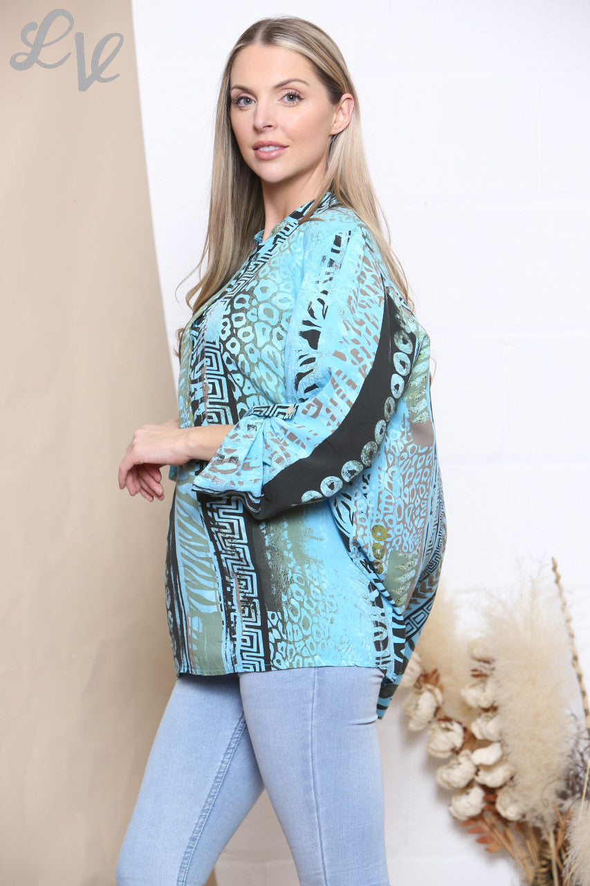 Dames T-shirt met gemixte print turkoois