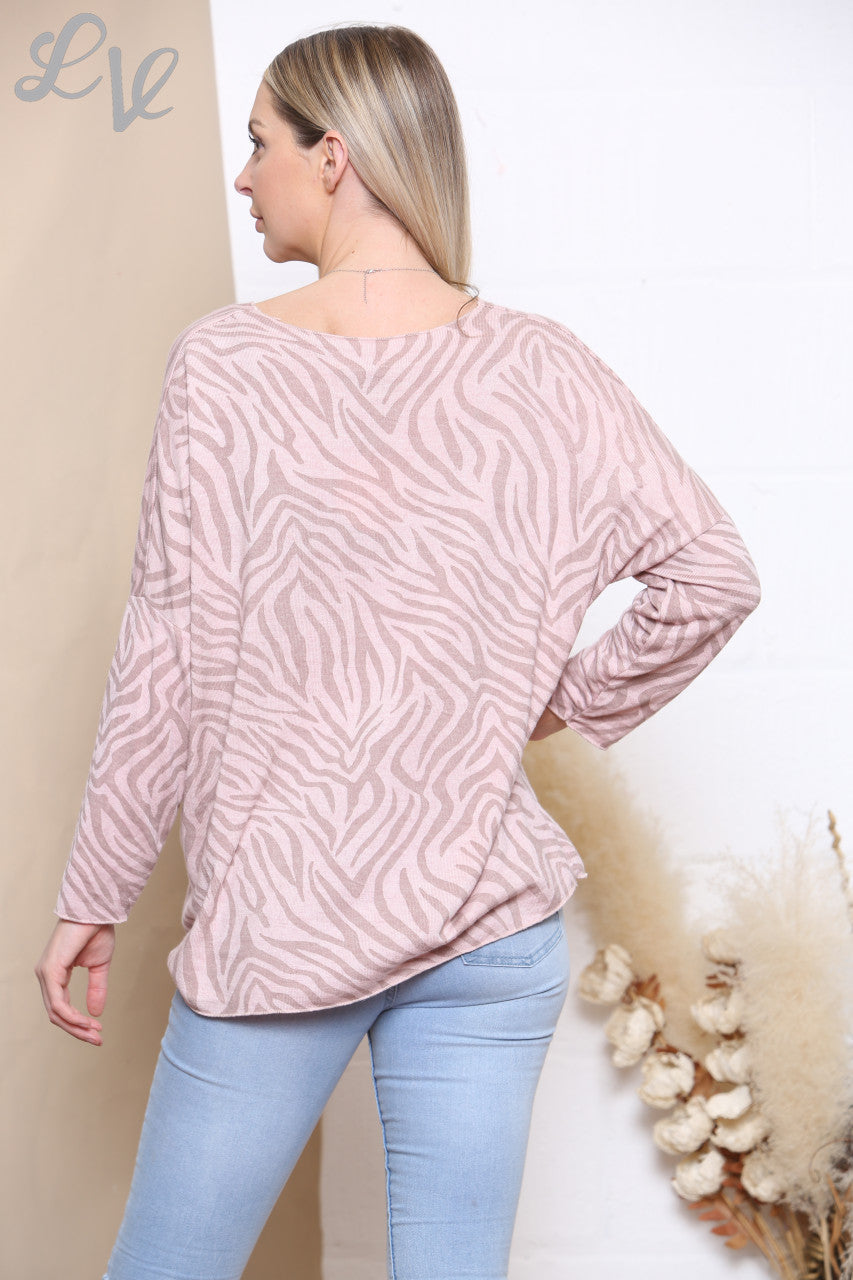 Ladies Zebra Print Fine Knit Jumper Top Dusty Pink