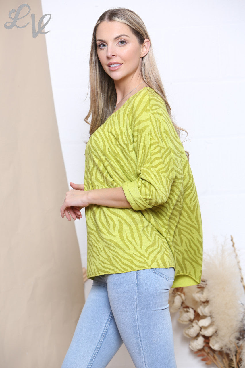 Ladies Zebra Print Fine Knit Jumper Top Lime