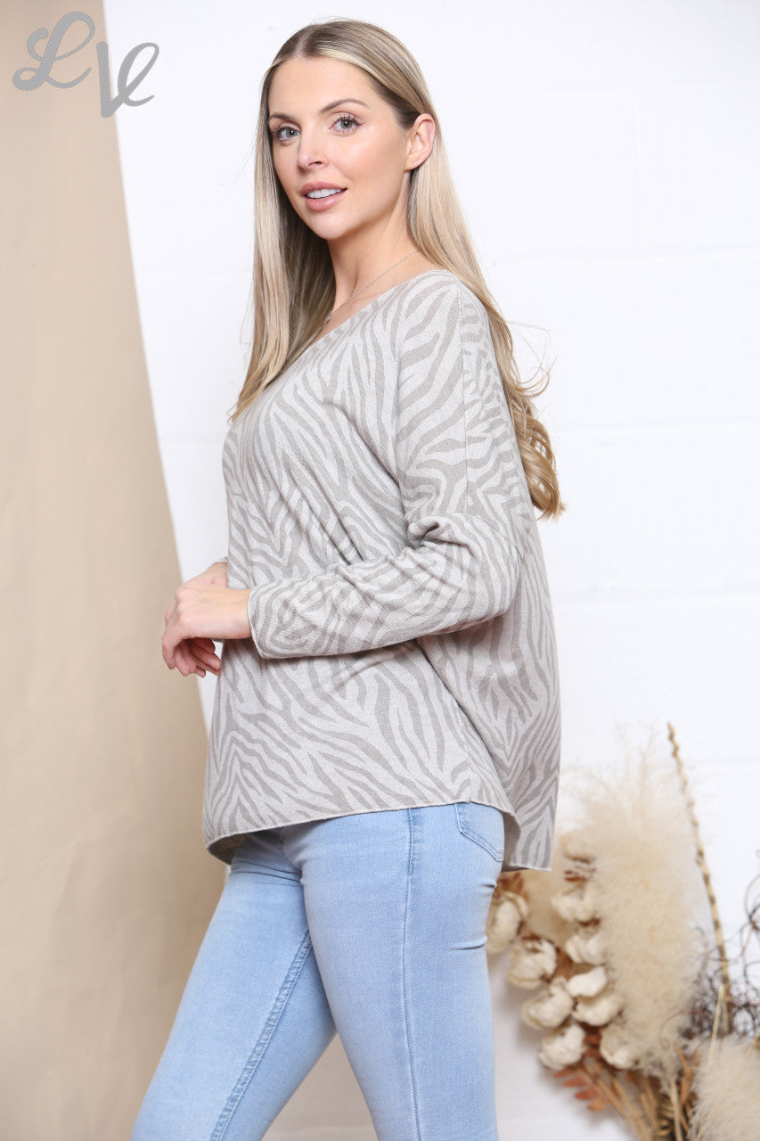 Ladies Zebra Print Fine Knit Jumper Top Stone