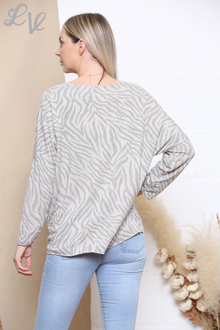 Ladies Zebra Print Fine Knit Jumper Top Stone