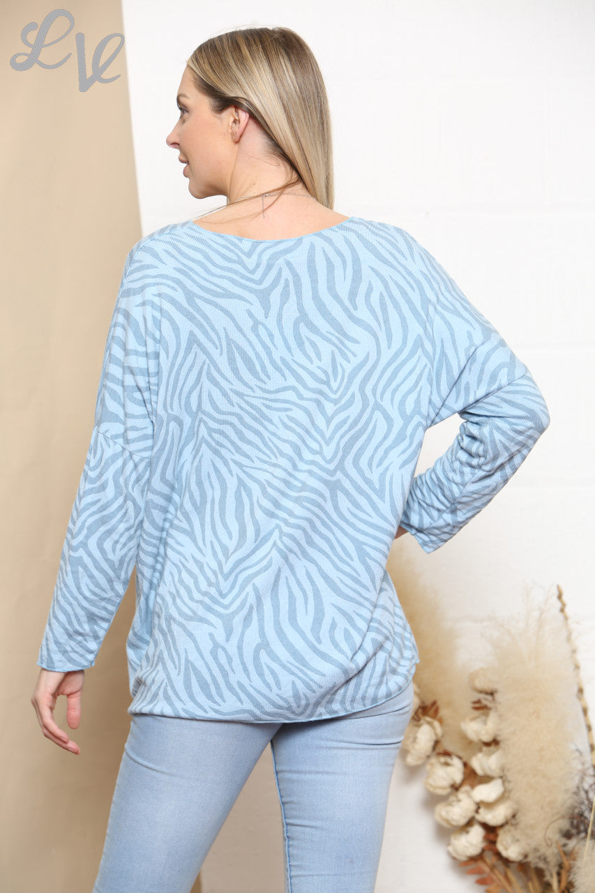 Dames trui met zebraprint en fijne breisteek lichtblauw
