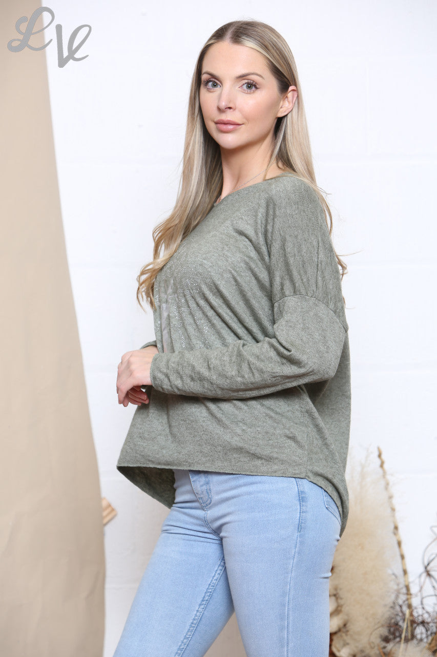 Ladies Tree Of Life Foil Print Fine Knit Jumper Top Khaki