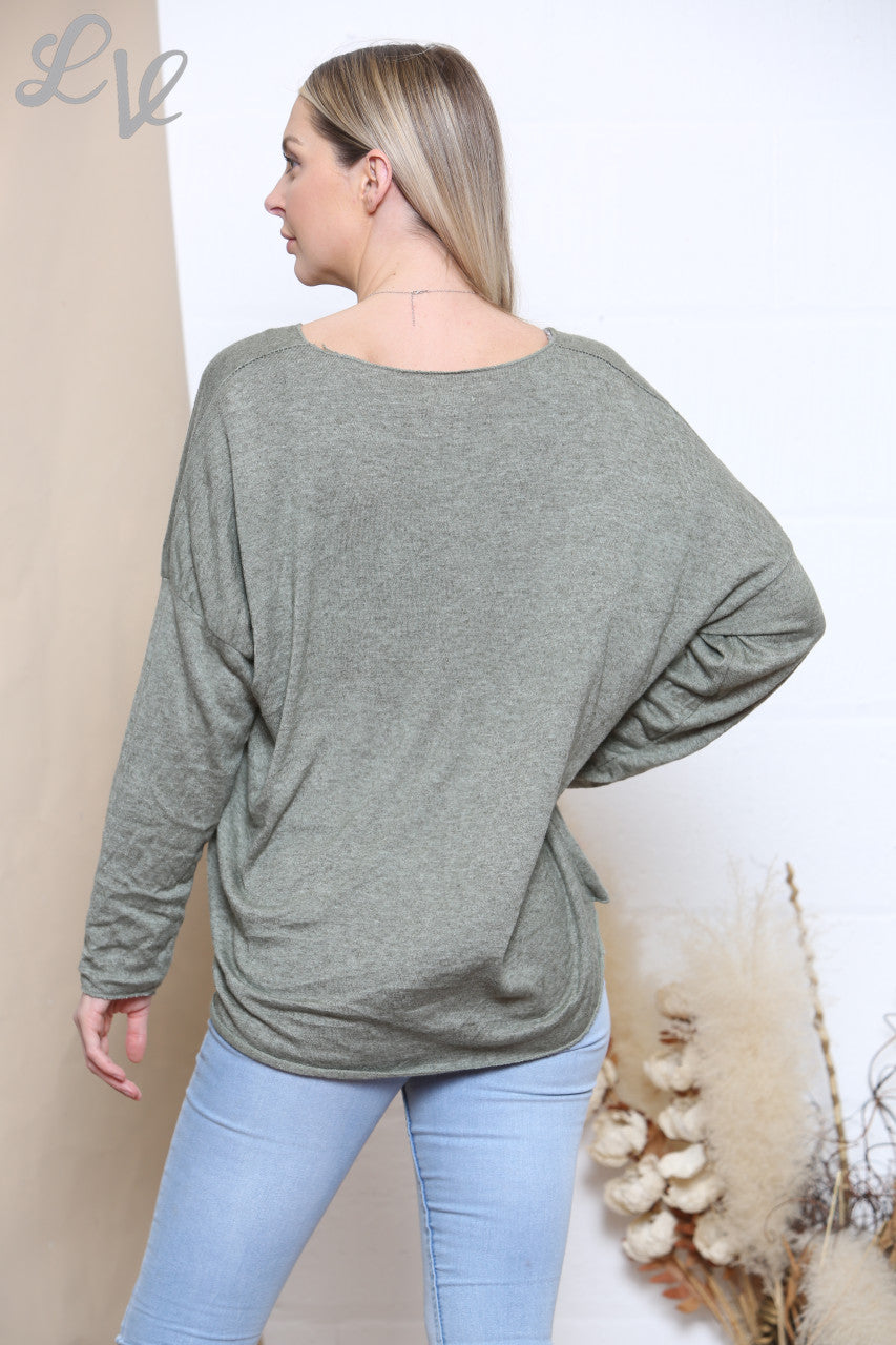 Ladies Tree Of Life Foil Print Fine Knit Jumper Top Khaki