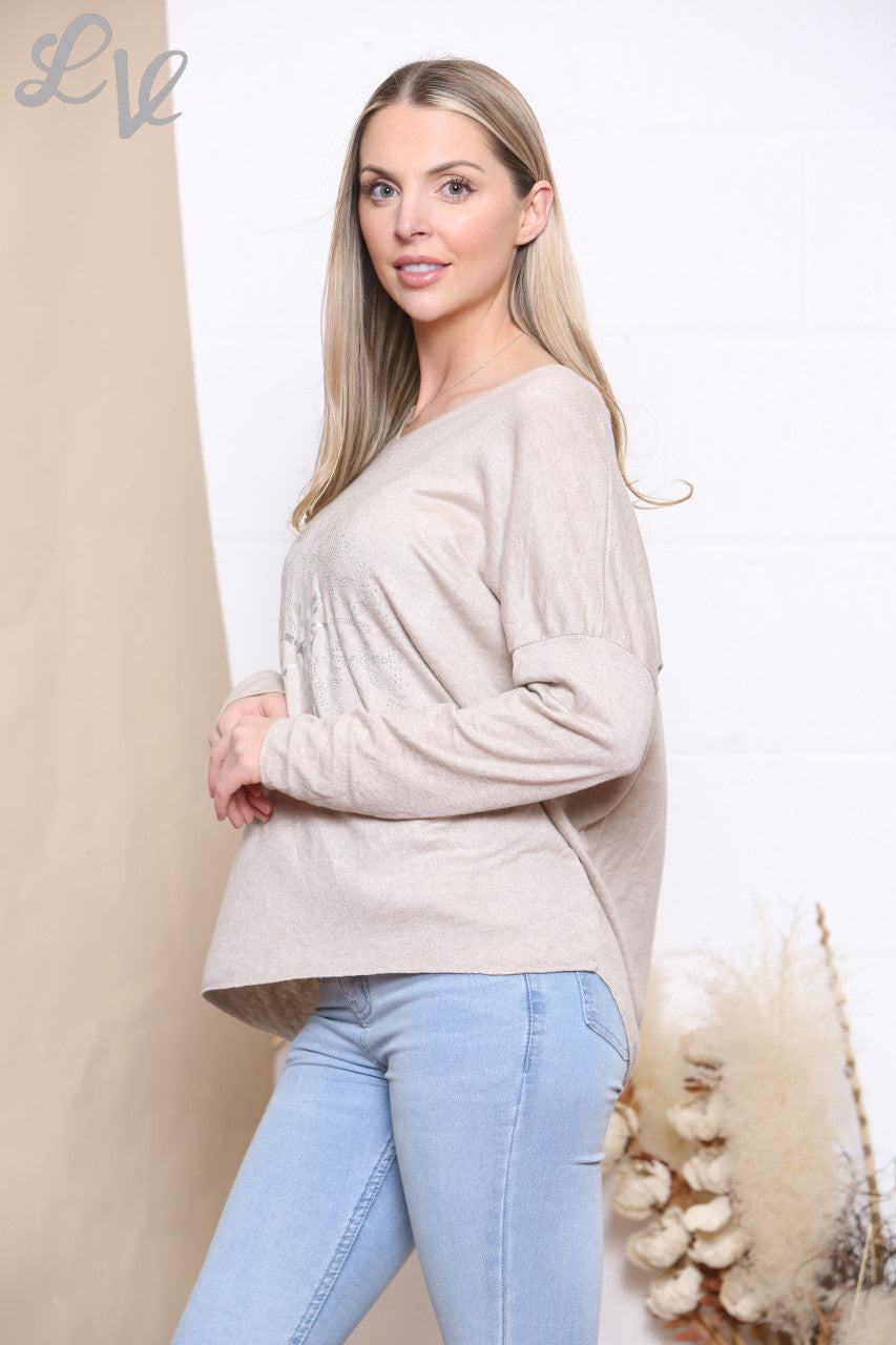 Ladies Tree Of Life Foil Print Fine Knit Jumper Top Stone