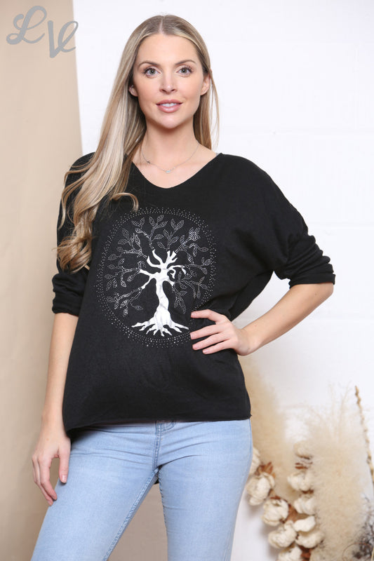 Ladies Tree Of Life Foil Print Fine Knit Jumper Top Black