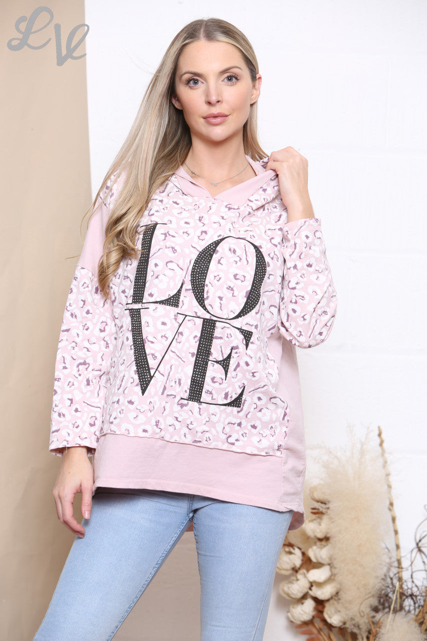 Ladies Love Hooded Sweatshirt Top Dusty Pink