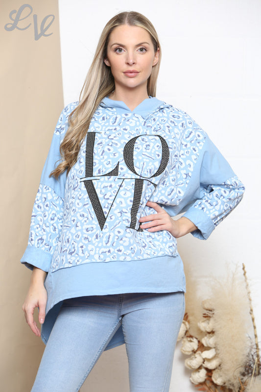 Ladies Love Hooded Sweatshirt Top Light Blue