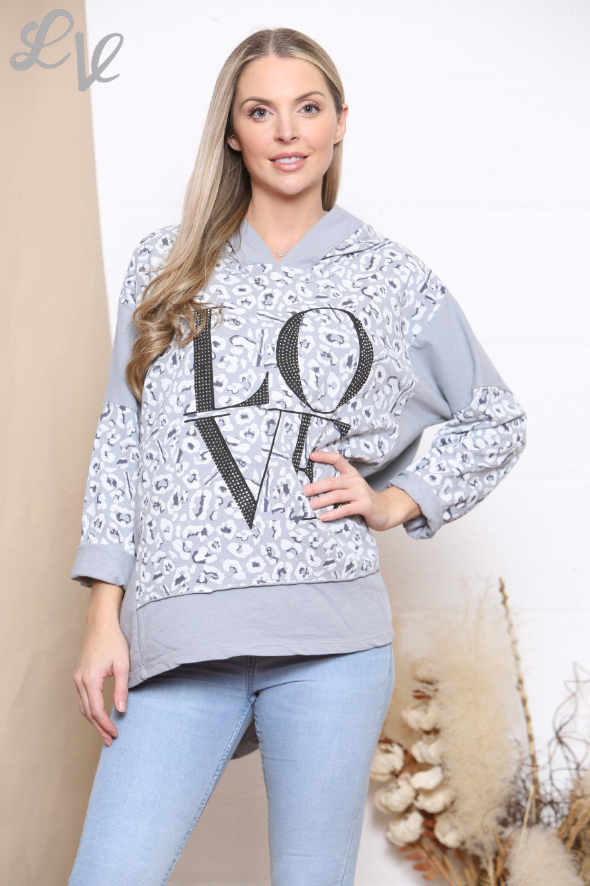 Dames Love Hooded Sweatshirt Top Grijs
