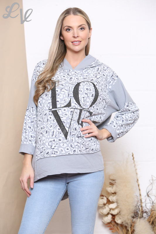 Ladies Love Hooded Sweatshirt Top Grey