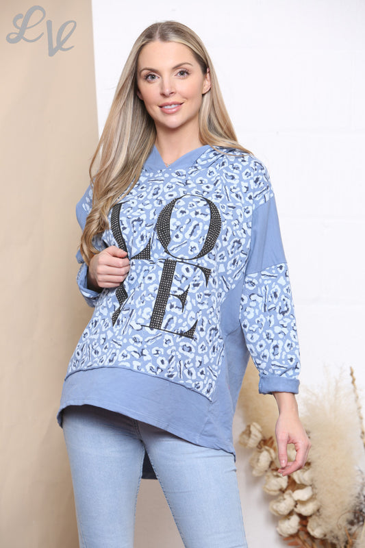 Ladies Love Hooded Sweatshirt Top Denim