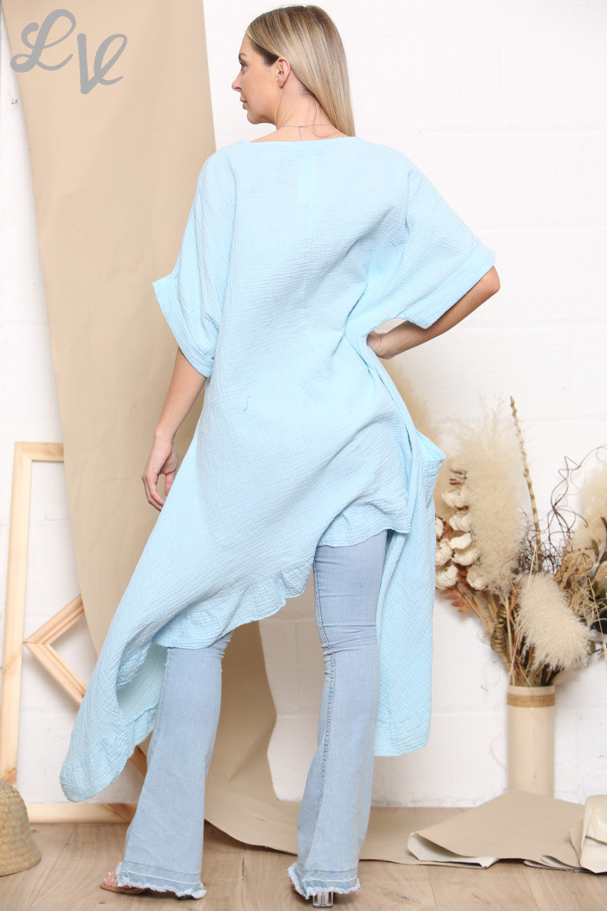 Ladies Floaty Draped Tunic Top Sky Blue