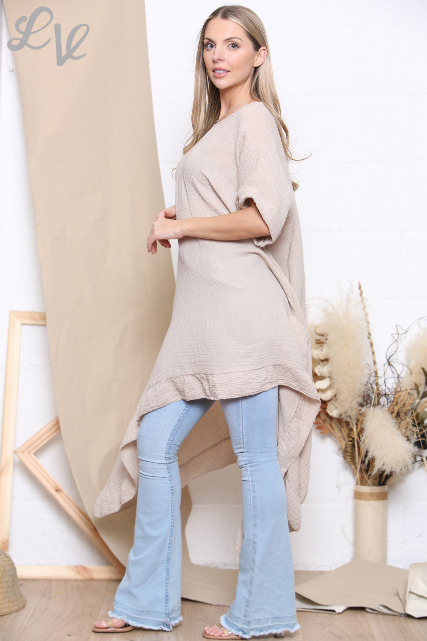 Ladies Floaty Draped Tunic Top Stone