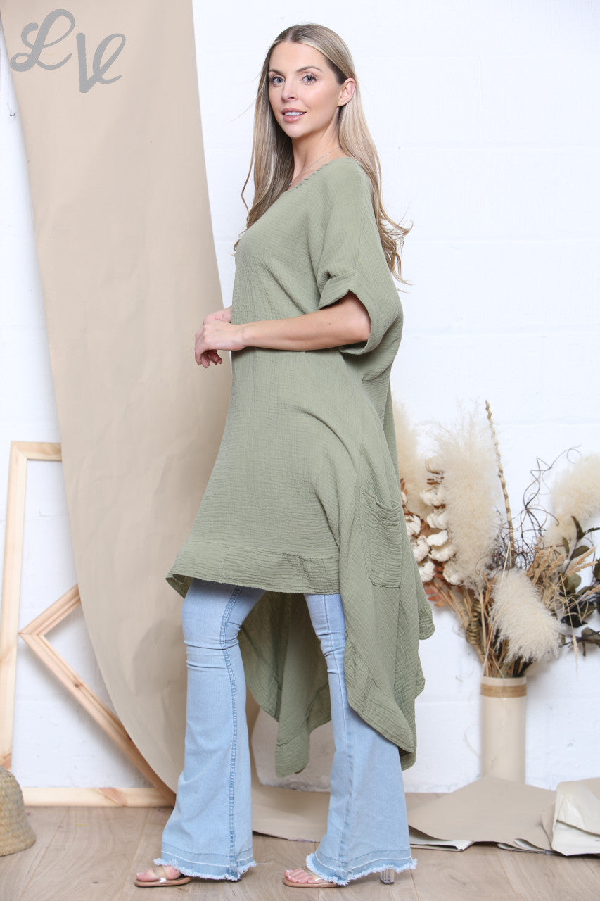 Ladies Floaty Draped Tunic Top Khaki