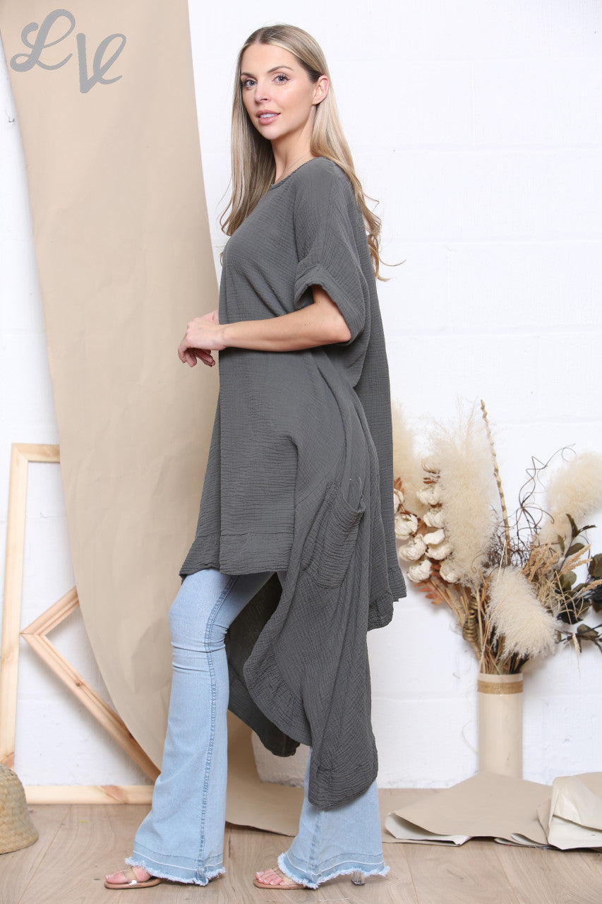 Ladies Floaty Draped Tunic Top Charcoal