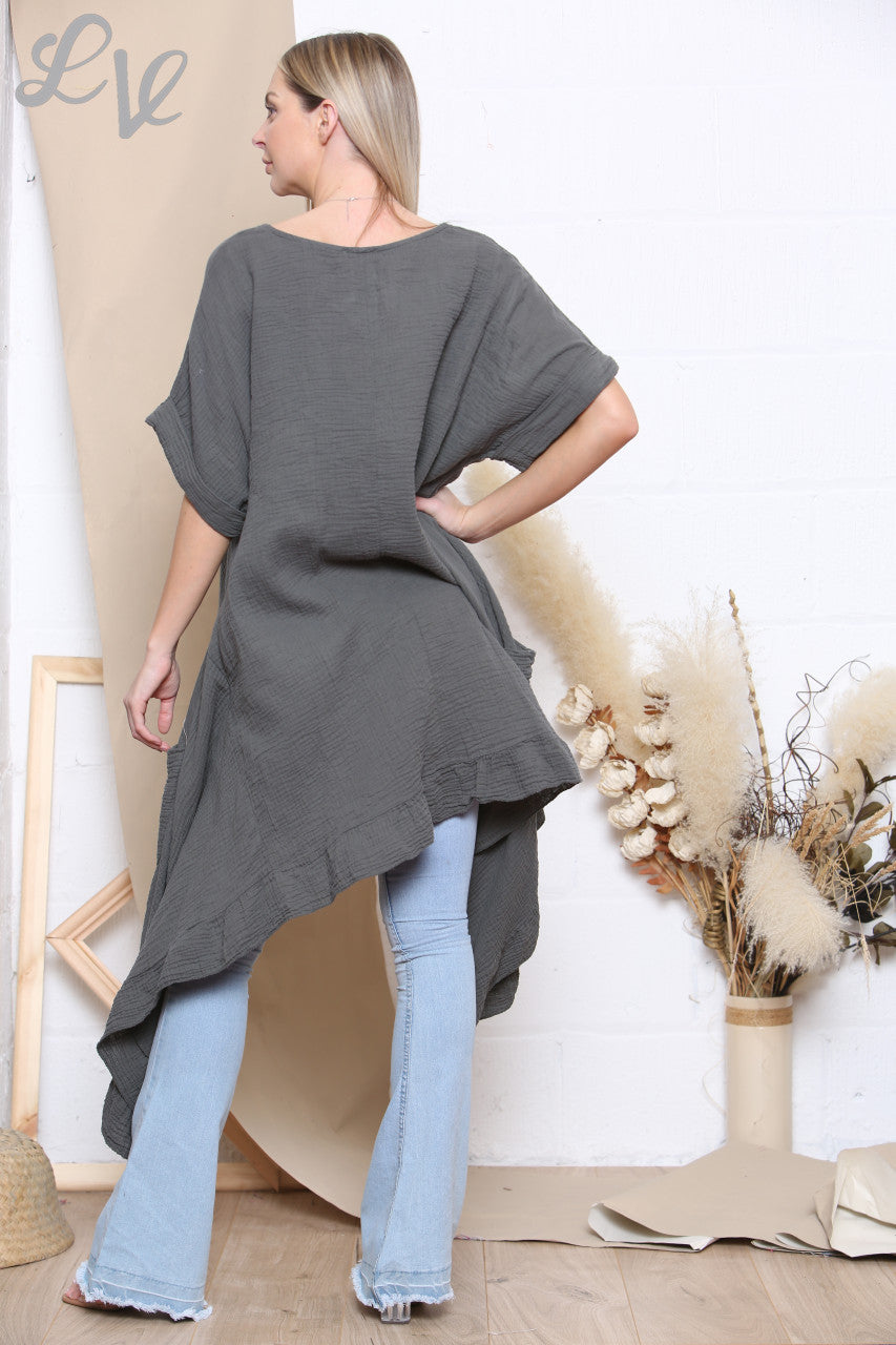 Ladies Floaty Draped Tunic Top Charcoal