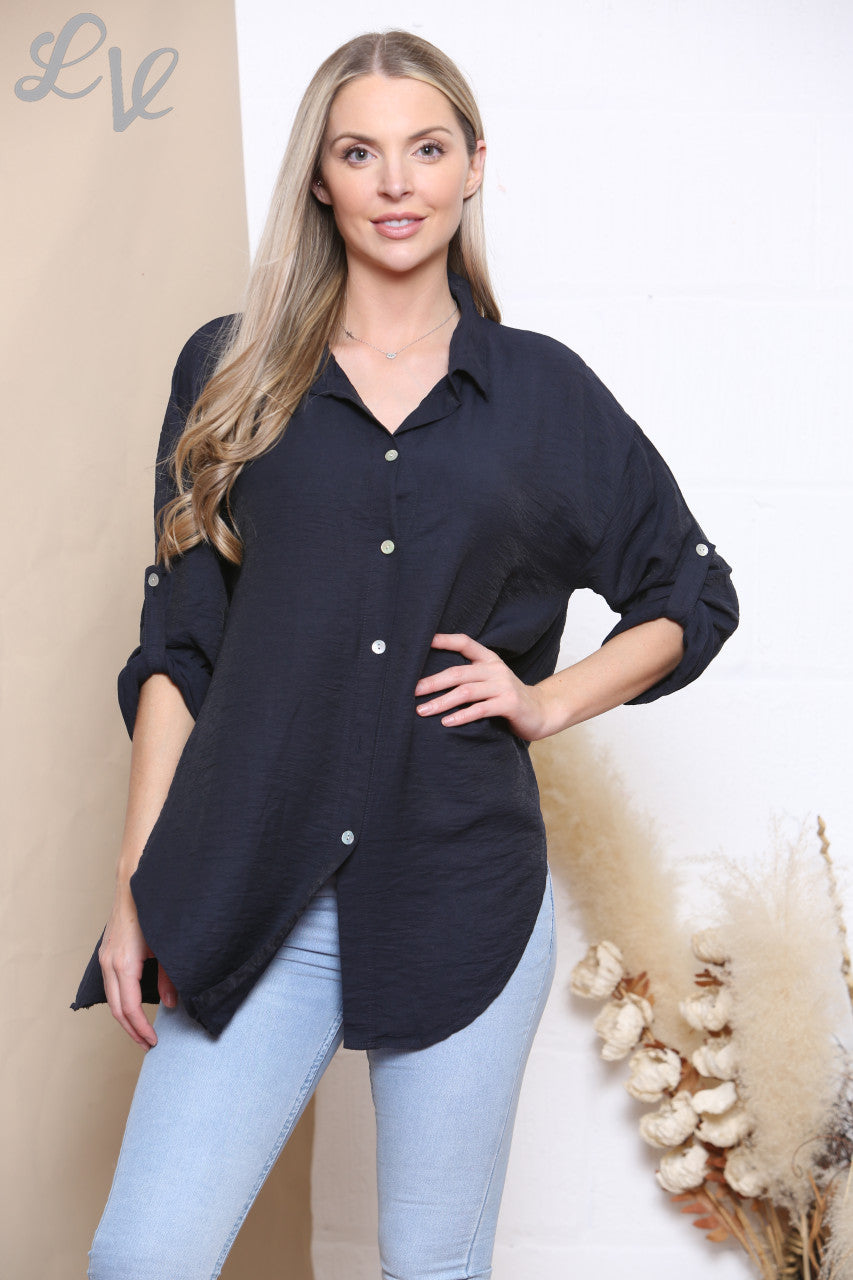 Ladies Plain Button Front Shirt Top Navy