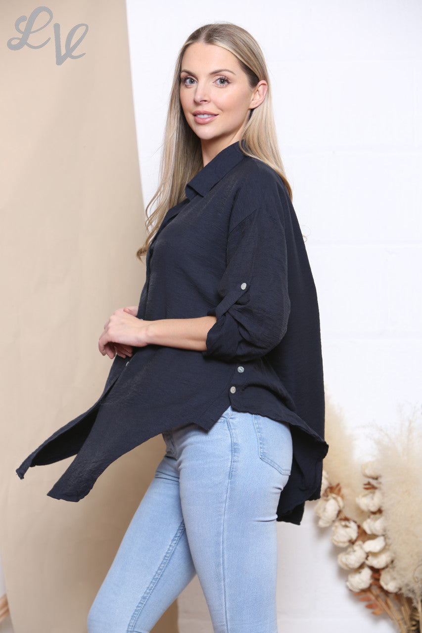 Ladies Plain Button Front Shirt Top Navy