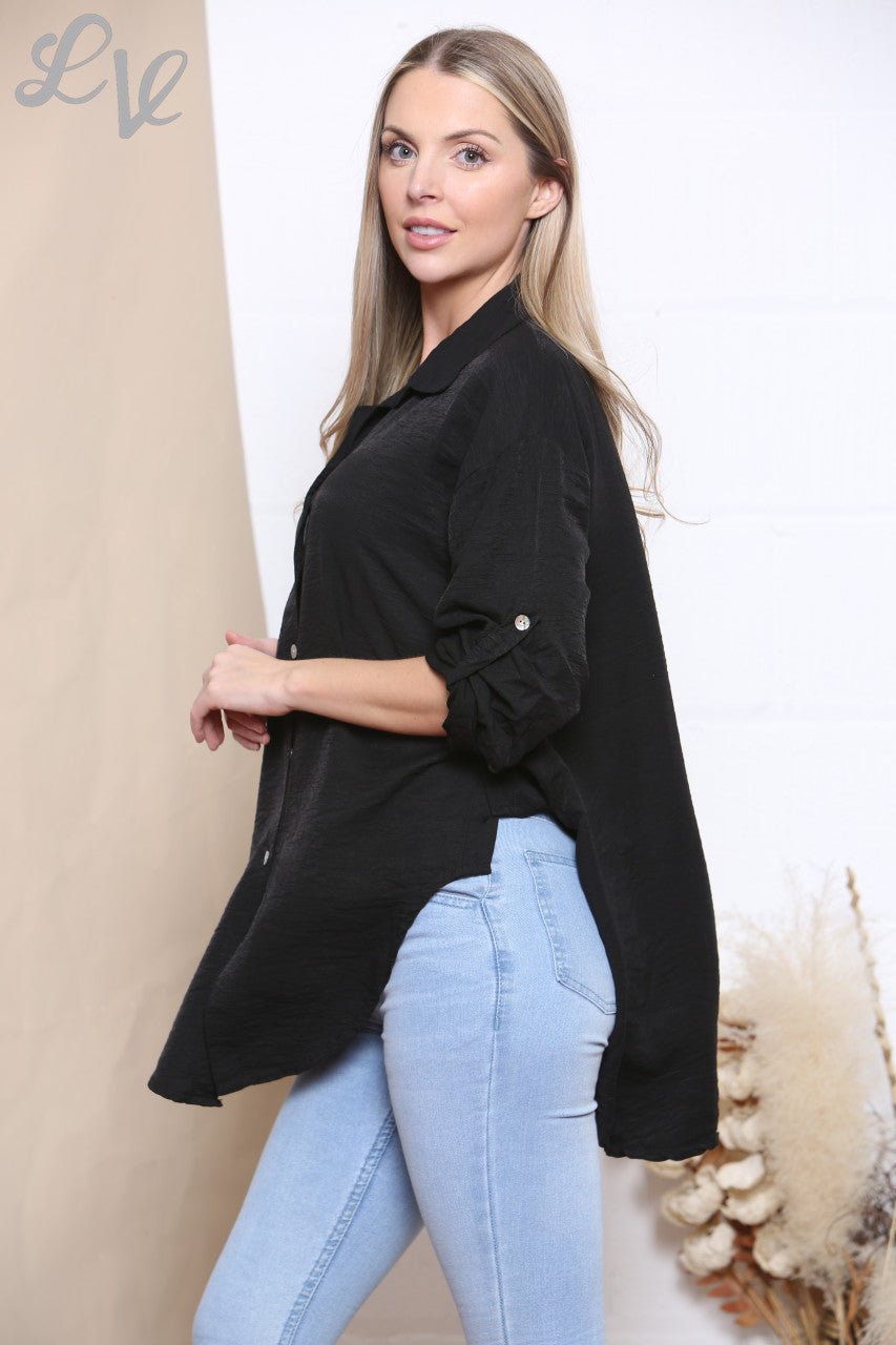 Dames Effen Blouse met Knoopsluiting Zwart