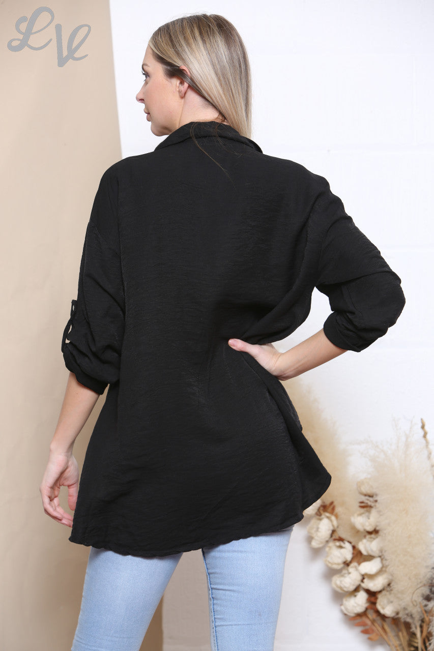 Dames Effen Blouse met Knoopsluiting Zwart