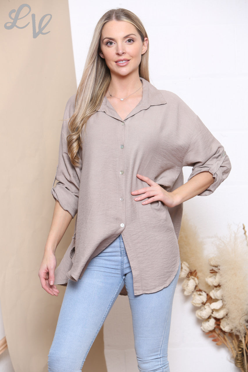 Ladies Plain Button Front Shirt Top Taupe