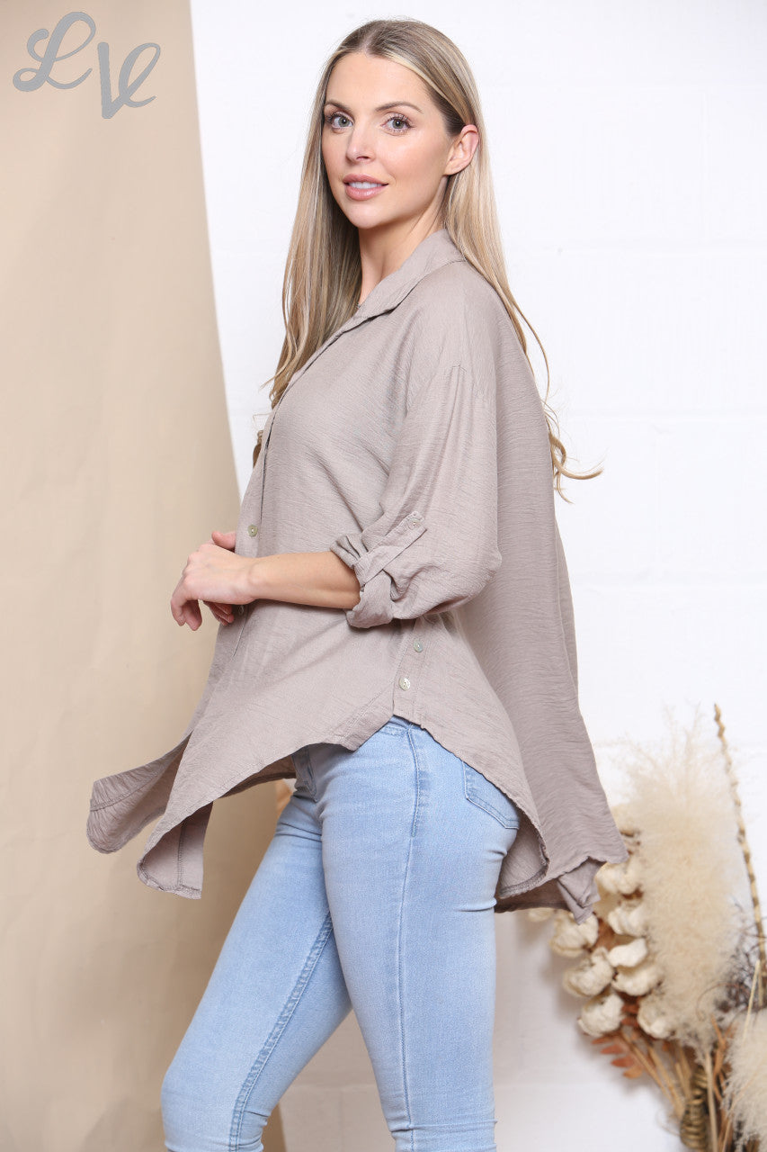 Ladies Plain Button Front Shirt Top Taupe