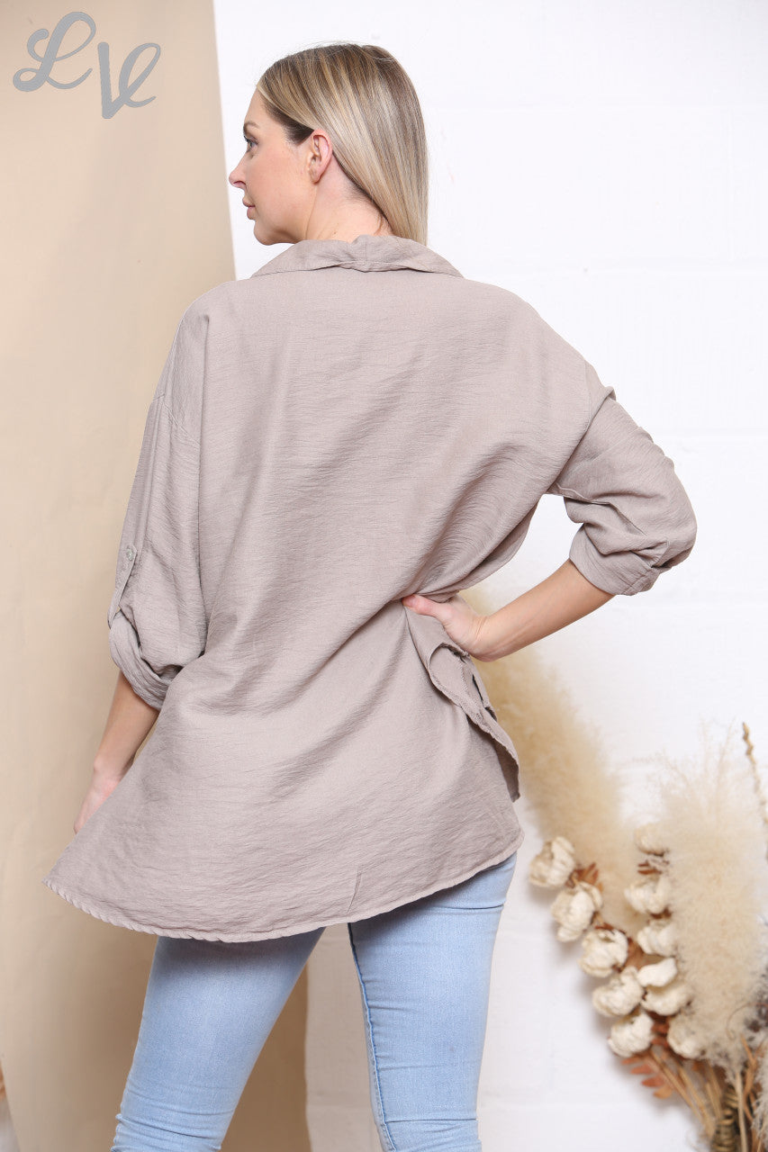 Ladies Plain Button Front Shirt Top Taupe