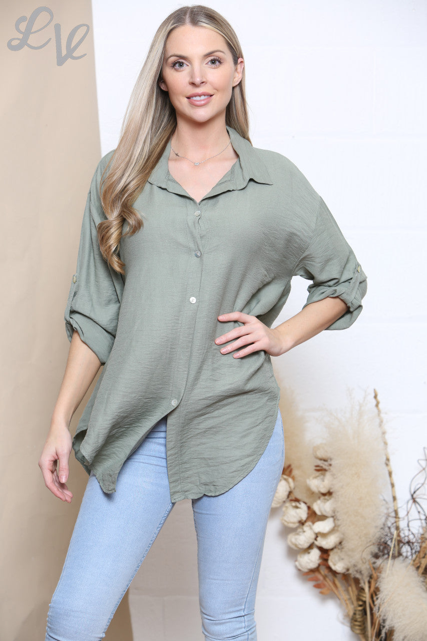 Dames effen overhemd met knoopsluiting khaki