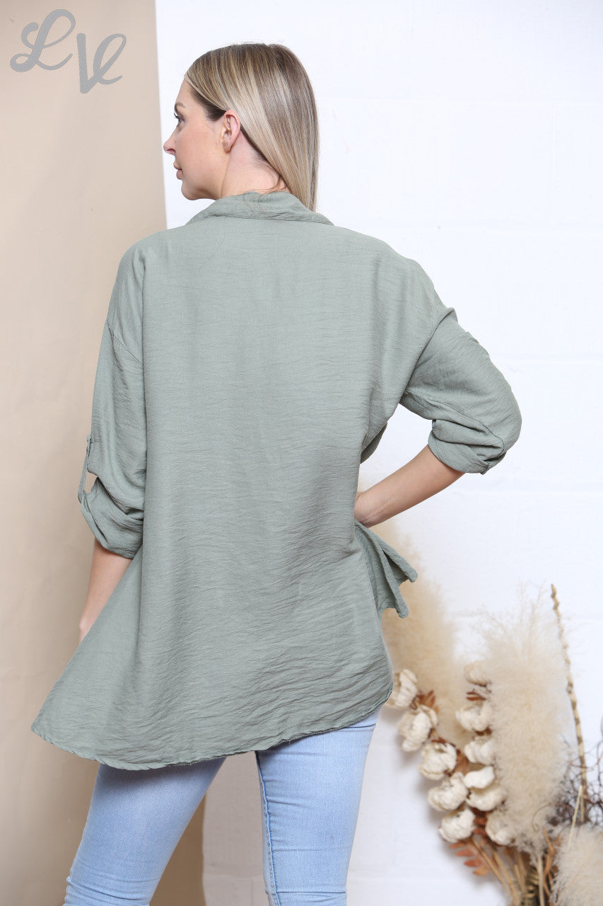 Dames effen overhemd met knoopsluiting khaki